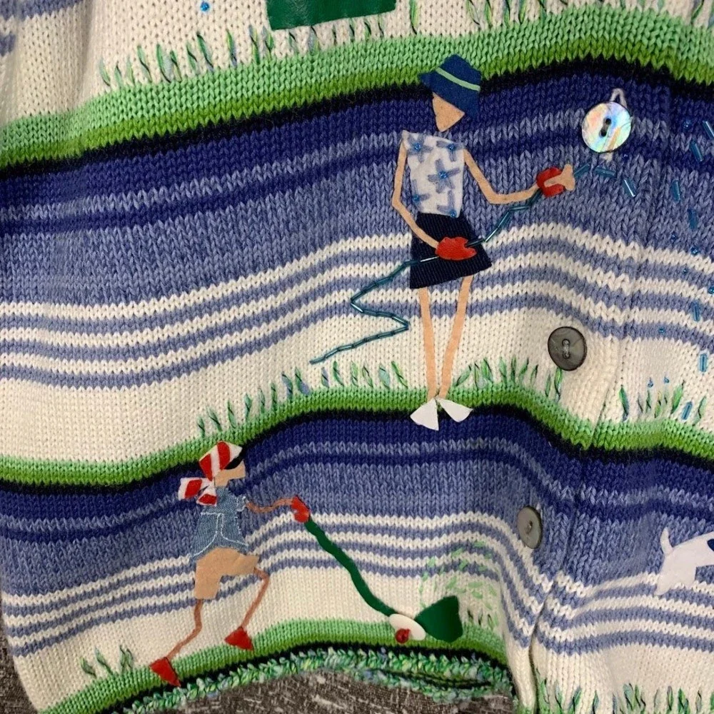 Susan Bristol Womens Short Sleeve Garden Embroidered Cardigan Blue Size M